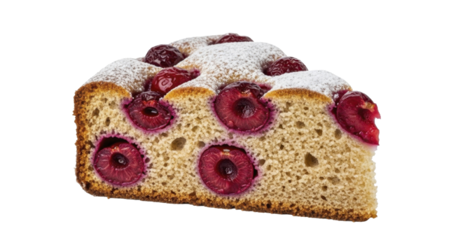 Sweet cherry cake slice with powdered sugar, transparent background, PNG image, PNG file.