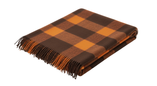  Cozy Folded Brown Orange Plaid Blanket with Fringes on a Transparent Background PNG image