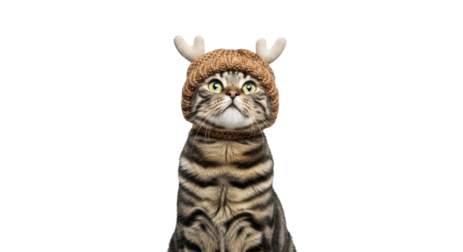 A tabby cat wearing a festive knitted reindeer hat looking up curiously on a transparent background, PNG image