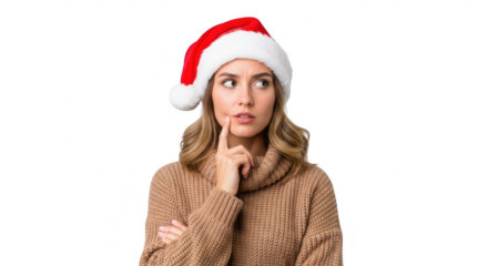 Young woman wearing santa hat thinking isolated on transparent background