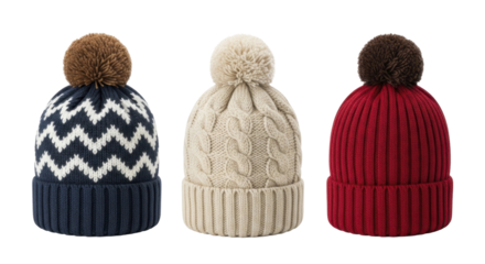  Set of three cozy knitted winter hats with pompoms, transparent background PNG image