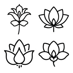Set of Four Outline Icons Representing Nature and Ideas: Maple Leaf, Decorative Floral Swirl, Berry Branch, and Light Bulb