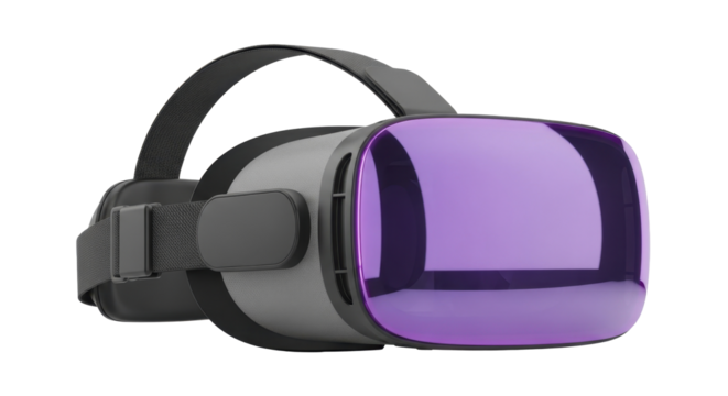 Modern virtual reality headset with purple reflective panel on a transparent background, PNG image, PNG file