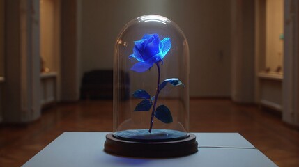 Glowing Blue Rose Encased in Glass Dome Art Installation