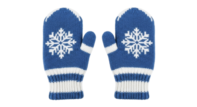 Pair of cozy blue and white knitted mittens with snowflakes on a transparent background, PNG image, PNG file