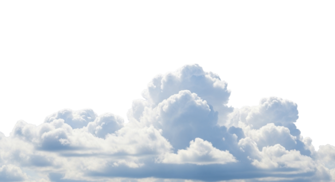  Fluffy white and soft blue cumulus clouds on a transparent background, high resolution PNG image file for seasonal overlay projects