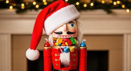 Nutcracker wearing a santa hat filled with colorful candies for christmas