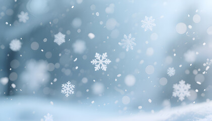Gentle falling snowflakes on soft blue background creates a winter wonderland with blurred bokeh elements for festive celebrations and holiday season themes