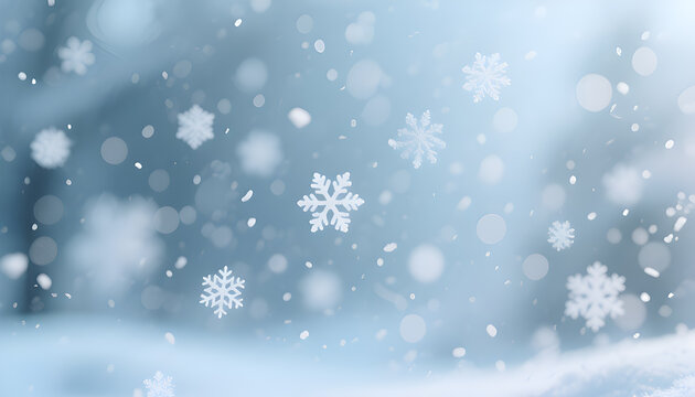 Gentle falling snowflakes on soft blue background creates a winter wonderland with blurred bokeh elements for festive celebrations and holiday season themes