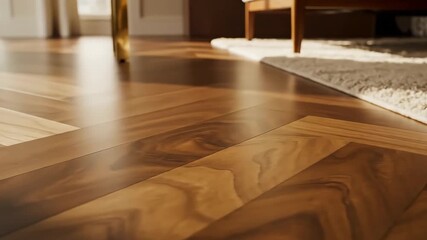 Low angle shot moving across a shiny polished natural wooden floor with a chevron herringbone pattern next to a cozy white shag rug, ideal for real estate listings and interior design showcases.