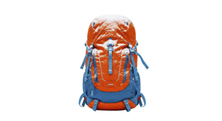 Snow-covered orange and blue hiking backpack for winter adventures on a transparent background, PNG image