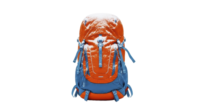 Snow-covered orange and blue hiking backpack for winter adventures on a transparent background, PNG image