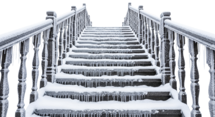 Snowy wooden staircase steps with railings and icicles on a transparent background, PNG image, PNG file