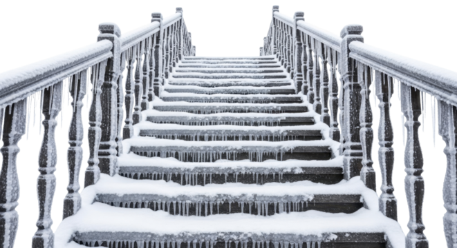 Snowy wooden staircase steps with railings and icicles on a transparent background, PNG image, PNG file