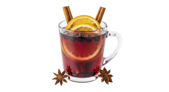 Mulled Wine in Glass Mug with Orange Cinnamon Star Anise PNG image on a transparent background PNG file