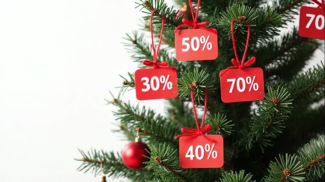 Christmas tree adorned with discount tags showcasing various percentages, camera zooms in to highlight festive decorations and vibrant colors