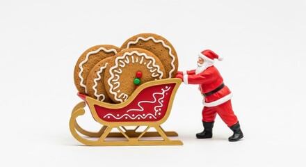 Miniature santa claus pushing a sleigh full of gingerbread cookies, isolated on white background