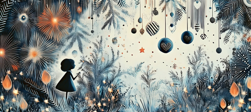 A magical winter scene with hanging glowing ornaments, swirling snow, soft mist, pine silhouettes, and distant stars, forming an atmospheric surreal fantasy landscape full of emotional dreamlike elega