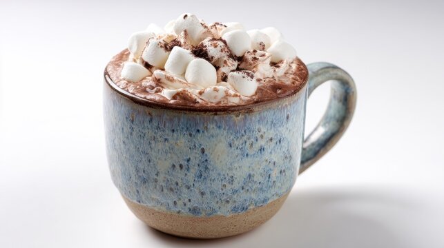 Cozy hot chocolate topped with marshmallows in a rustic ceramic mug