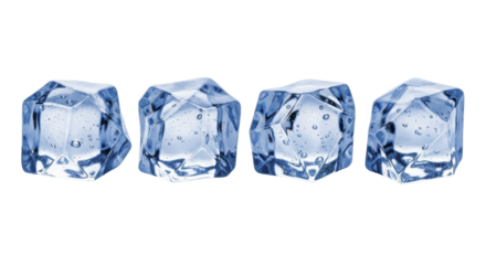 Four clear icy cubes with trapped bubbles for cold drink refreshment on a transparent background PNG file