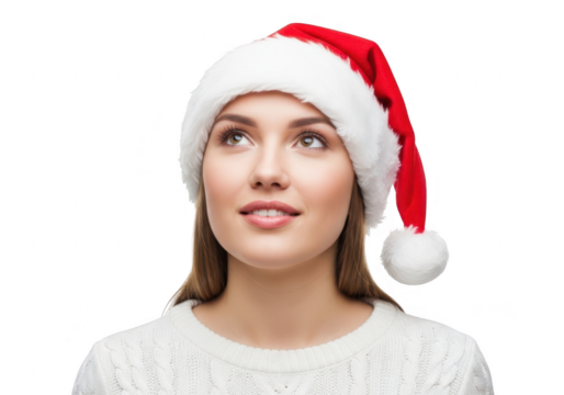 Young woman wearing santa hat isolated on transparent background