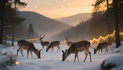 Magical winter scene with deer in a snowy forest illuminated by fairy lights at dawn a serene landscape