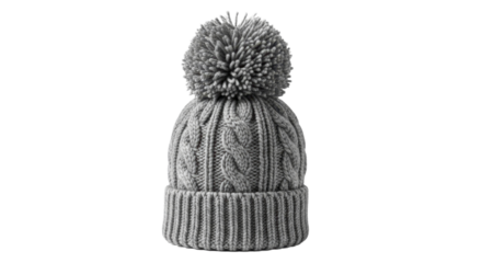 Cozy grey knitted winter hat with a festive pompom, cable knit texture, on a transparent background, PNG image, PNG file