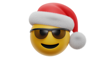 Festive yellow emoji wearing a red santa hat and cool sunglasses with a happy smile isolated on transparent background
