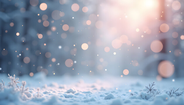 Magical winter wonderland with glowing bokeh lights and fresh snow creating a serene holiday background with festive ambiance