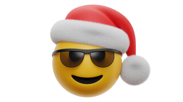 Festive yellow emoji wearing a red santa hat and cool sunglasses with a happy smile isolated on transparent background