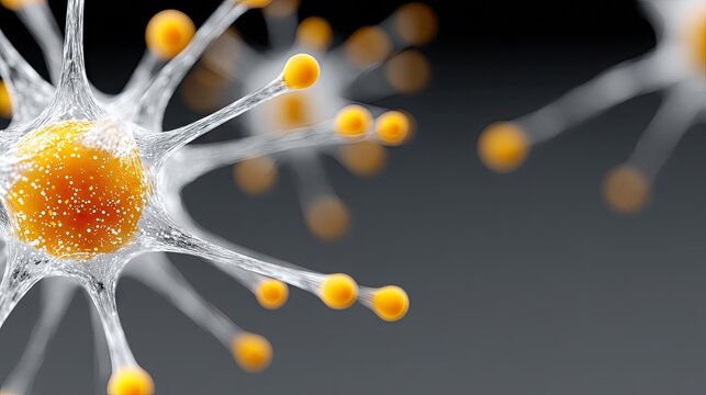 A close-up, abstract, 3D render of a neuron, showing its cell body and branching dendrites tipped with yellow spheres, against a dark, out-of-focus background.