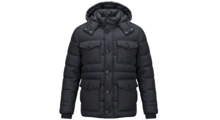  Dark puffer jacket with hood, full front closure, and multiple pockets on a transparent background, PNG image, PNG file
