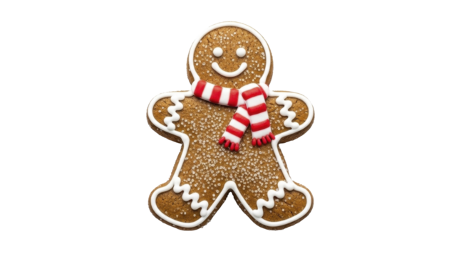 Gingerbread man cookie with white icing and striped scarf on a transparent background, PNG image, PNG file