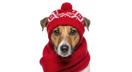 Cute Jack Russell Terrier dog portrait in red winter hat and scarf on a transparent background, PNG file