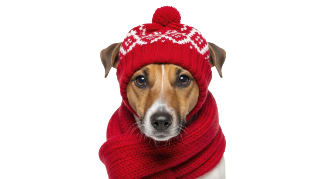 Cute Jack Russell Terrier dog portrait in red winter hat and scarf on a transparent background, PNG file - Powered by Adobe
