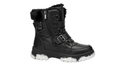 Winter boot with buckles, fur lining, and snow on sole, on a transparent background, PNG image