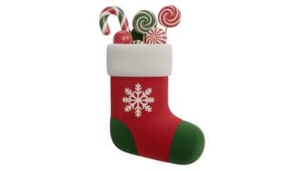 Festive red and green christmas stocking filled with traditional candy canes and colorful swirl lollipops isolated on transparent background