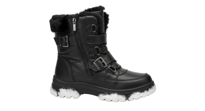  Winter boot with buckles, fur lining, and snow on sole, on a transparent background, PNG image