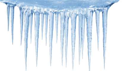 Group of sharp blue icicles hanging downwards on a transparent background PNG image file of winter cold