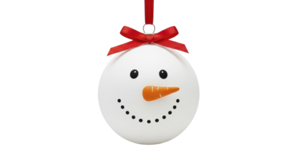 Cute Snowman Ornament with Red Ribbon Bow Hanging on a Transparent Background PNG image PNG file for Festive Holiday Celebrations