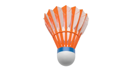 Orange and white badminton shuttlecock PNG isolated on transparent background, sport equipment for recreational and competitive play