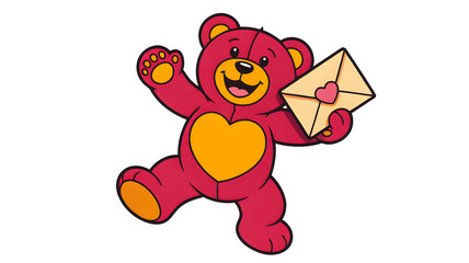 Joyful cartoon red teddy bear with a heart on its chest holding a love letter envelope isolated on transparent background
