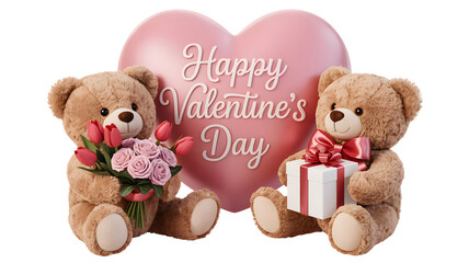 Two adorable teddy bears with a large pink heart shaped balloon and a gift box celebrating valentine s day isolated on transparent background