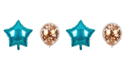 Festive turquoise star and confetti balloons PNG isolated on transparent background, party decoration elements for birthday and celebration
