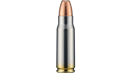 Shiny rifle bullet isolated PNG, ammunition for shooting and hunting, metallic cartridge with copper tip on transparent background