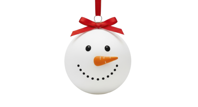 Cute Snowman Ornament with Red Ribbon Bow Hanging on a Transparent Background PNG image PNG file for Festive Holiday Celebrations