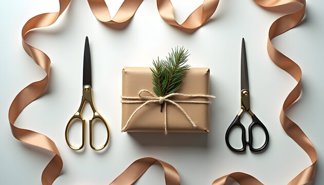 Minimalist gift wrapping scene with craft paper present tied with string and fresh evergreen sprig ribbon and scissors - Powered by Adobe
