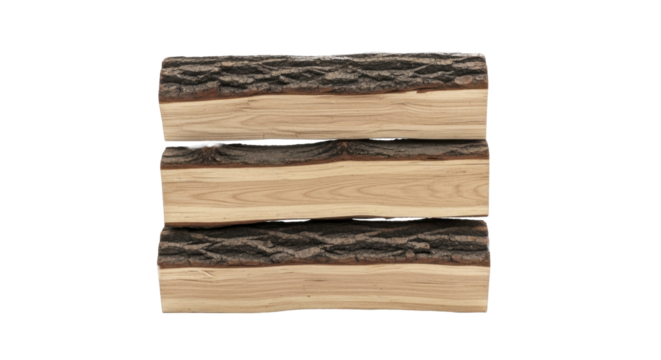 Three stacked logs of firewood with natural bark on a transparent background PNG image