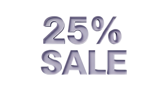 Shiny silver 25% sale isolated PNG on transparent background, discount offer for retail promotions and advertising campaigns