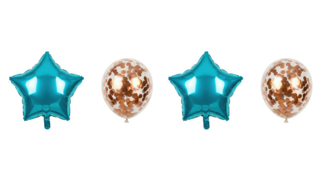 Festive turquoise star and confetti balloons PNG isolated on transparent background, party decoration elements for birthday and celebration - Powered by Adobe
